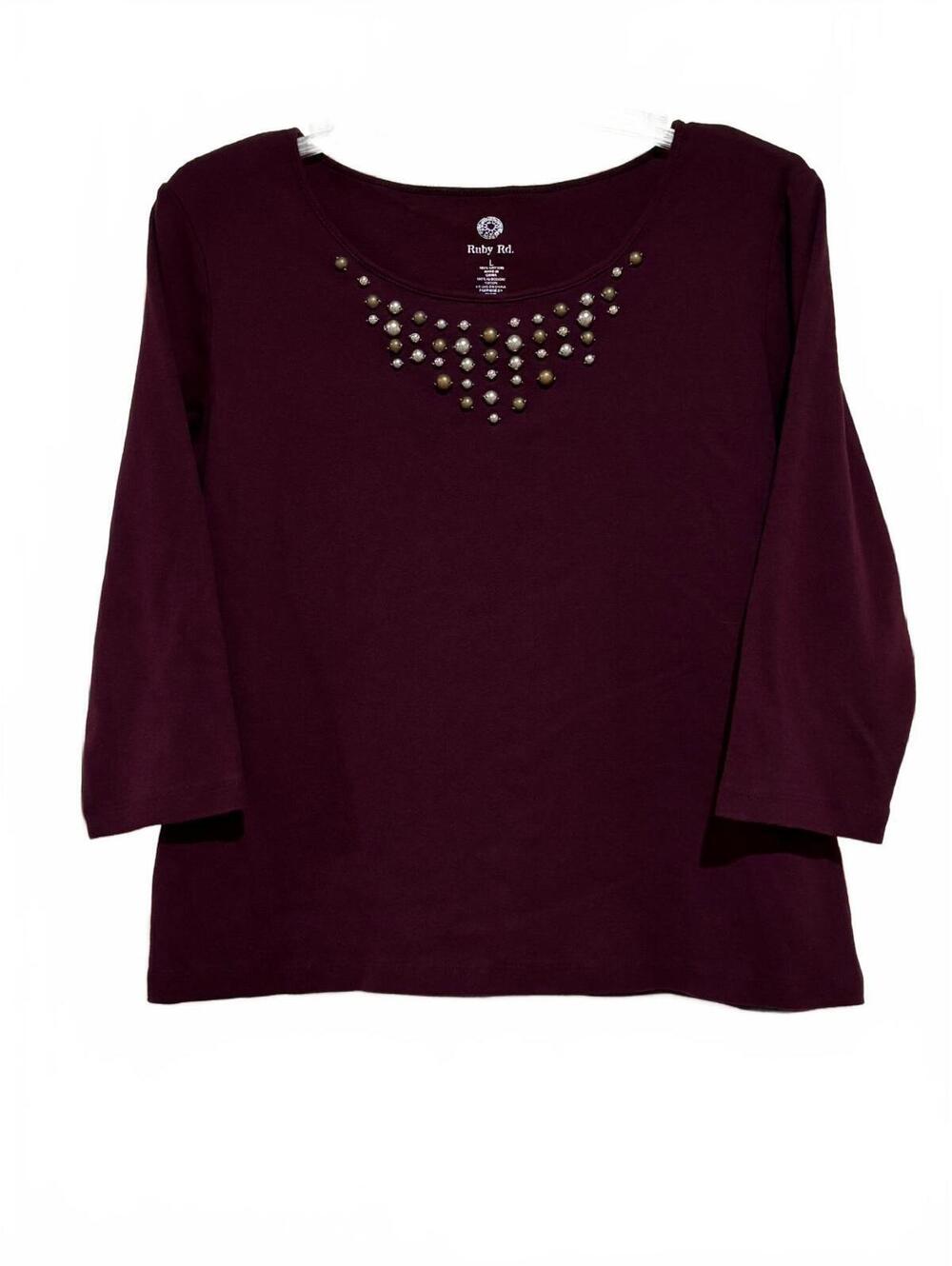 Ruby Rd. Women's Purple 3/4 Sleeve Embellished Cotton Top Large